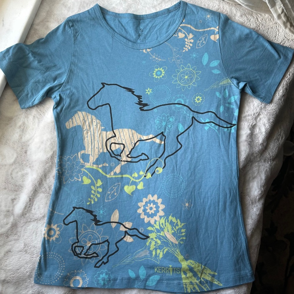 Y2K Frutiger Aero Vibe Horse Theme Graphic Tee Blue Whimsical Top
